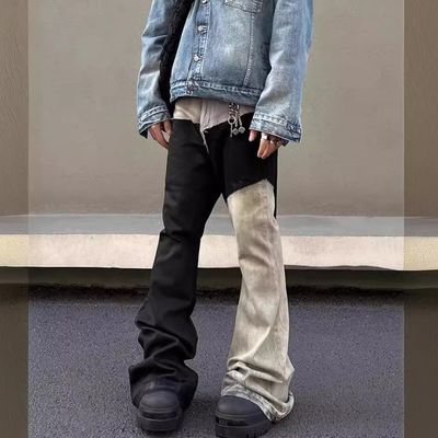 Mid waist Denim Stof Op maat Gewassen Rauwe Rand Patchwork Flared Broek Jeans Voor Mannen