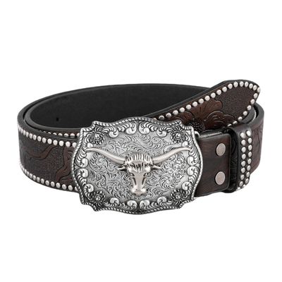 Unisex Vintage Koeienkop Gedrukt PU Lederen Gordel Met Buckel Bevestigend Western Rivet Gordel