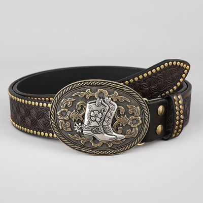 Unisex Vintage Koeienkop Gedrukt PU Lederen Gordel Met Buckel Bevestigend Western Rivet Gordel