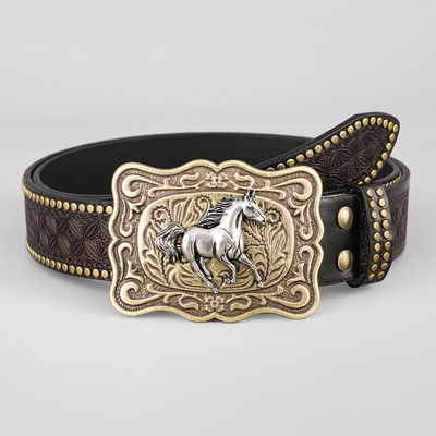 Unisex Vintage Koeienkop Gedrukt PU Lederen Gordel Met Buckel Bevestigend Western Rivet Gordel