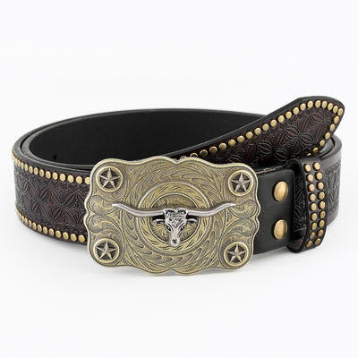 Unisex Vintage Koeienkop Gedrukt PU Lederen Gordel Met Buckel Bevestigend Western Rivet Gordel
