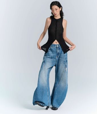 Deconstrueerde jeans van denimstof met brede benen voor mannen en vrouwen in plussize streetwear