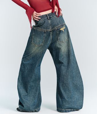 Streetwear Fashion Y2K Style Wide Straight Leg Fit Denim Jeans met gat decoratie