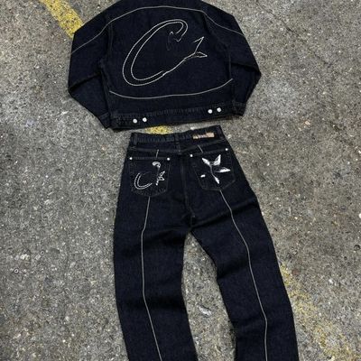 Mensen oversized sportsuit Casual Custom Jacket Suit 2 Piece Sets met denim stof