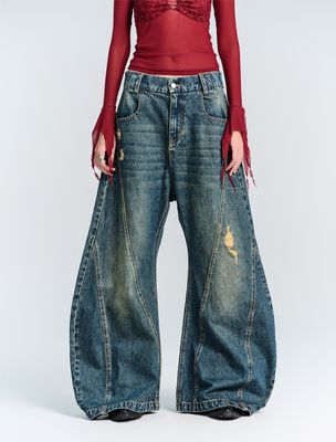 Streetwear Fashion Y2K Style Wide Straight Leg Fit Denim Jeans met gat decoratie