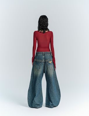 Streetwear Fashion Y2K Style Wide Straight Leg Fit Denim Jeans met gat decoratie