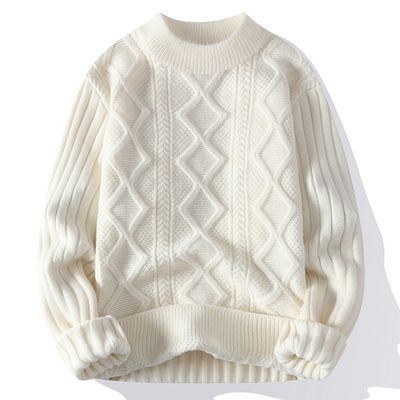 Mensen Crew Neck Sweater Gebreid met dikke stof en patchwork patroon in de winter