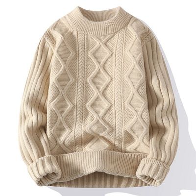 Mensen Crew Neck Sweater Gebreid met dikke stof en patchwork patroon in de winter