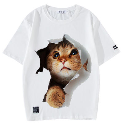 Geweven Print Custom Logo Mensen T-shirt met gedrukt patroon en 3D Anime Cat Kitty