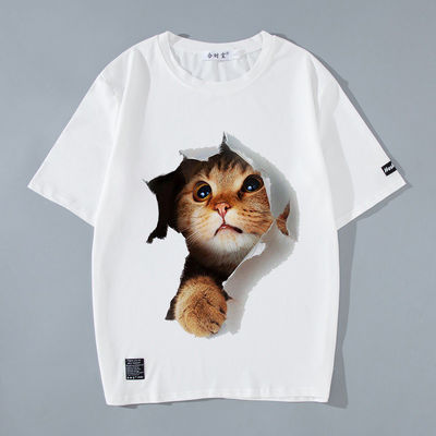 Geweven Print Custom Logo Mensen T-shirt met gedrukt patroon en 3D Anime Cat Kitty