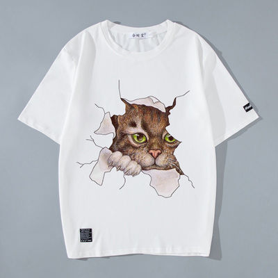 Geweven Print Custom Logo Mensen T-shirt met gedrukt patroon en 3D Anime Cat Kitty