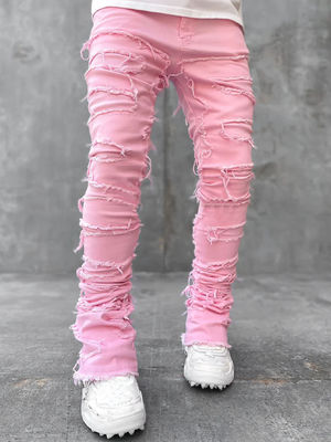 Street Style Manschoen Cut Lichtblauw beschadigd Tassel Applique Jeans Spandex/Kotton