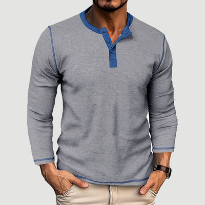 Langmouw Blank Mensen Henley Cotton T-shirts lichtgewicht knoppen T-shirts met ronde nek
