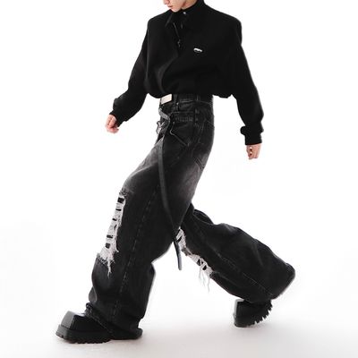 Mensen Hip Hop Double Waist Stacked Denim Jeans Broek In voorraad
