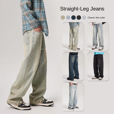 Mid Waist Type Mensen Denimbroek Custom Gewassen rechte jeans met licht plaid print