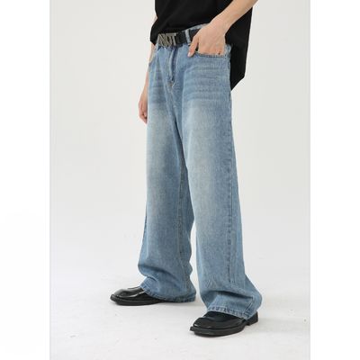Geweven Polyester/Kotton Mensen Straight Blue Jeans met Digitaal Drukwerk