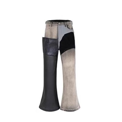Mid waist Denim Stof Op maat Gewassen Rauwe Rand Patchwork Flared Broek Jeans Voor Mannen