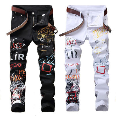 Winter Logo Patroon Digitaal Druk Mensen Jeans Nachtclub Zwart Wit Designer Jeans Mannen