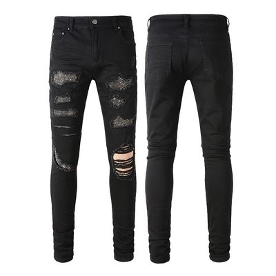 Dubbellagige tailleband vouwontwerp Zwart Strass gestapeld Skinny Denim Jeans voor mannen