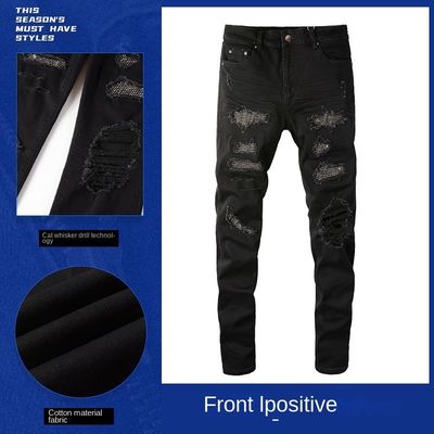 Dubbellagige tailleband vouwontwerp Zwart Strass gestapeld Skinny Denim Jeans voor mannen