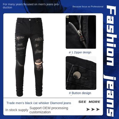 Dubbellagige tailleband vouwontwerp Zwart Strass gestapeld Skinny Denim Jeans voor mannen