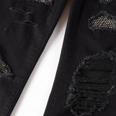 Dubbellagige tailleband vouwontwerp Zwart Strass gestapeld Skinny Denim Jeans voor mannen