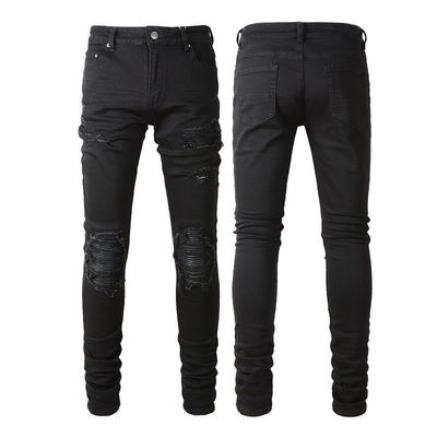 Geweven Zwart Casual Ademhalend Gescheurd Stretch Elastisch Designer Patch Mens Jeans Broek