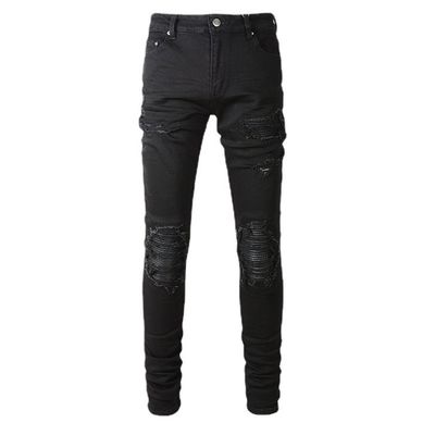 Geweven Zwart Casual Ademhalend Gescheurd Stretch Elastisch Designer Patch Mens Jeans Broek