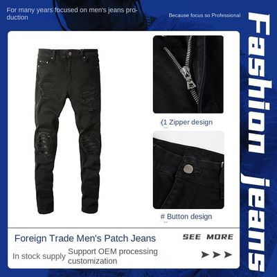 Geweven Zwart Casual Ademhalend Gescheurd Stretch Elastisch Designer Patch Mens Jeans Broek