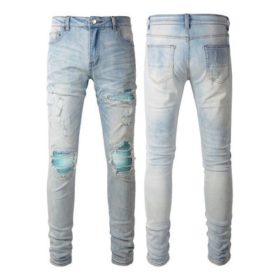 Punkstijl Mensen gescheurde magere midden taille blauwe denim vintage gewassen strek