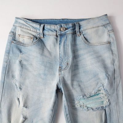 Punkstijl Mensen gescheurde magere midden taille blauwe denim vintage gewassen strek