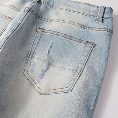 Punkstijl Mensen gescheurde magere midden taille blauwe denim vintage gewassen strek