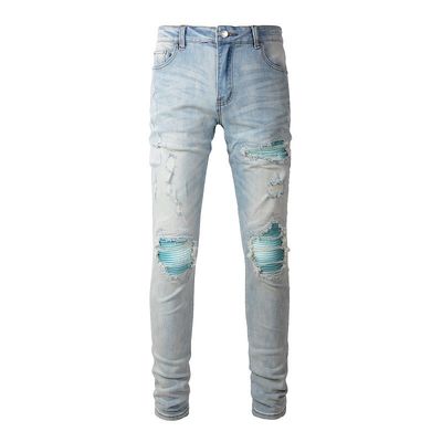 Punkstijl Mensen gescheurde magere midden taille blauwe denim vintage gewassen strek