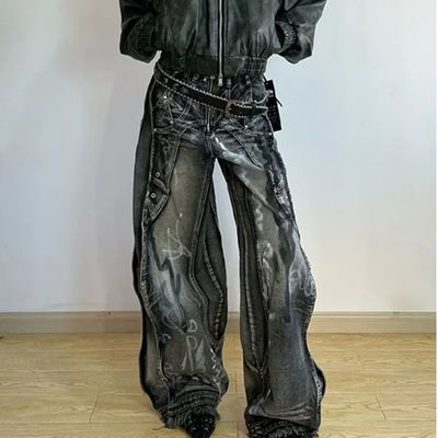 Polyester / katoen gewassen Y2K Oversize Wave Design Tie Dye Cargo broek voor mannen en vrouwen