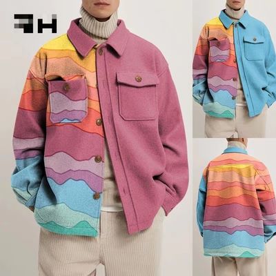 Casual lange mouwen jas voor mannen met kleurrijk geometrisch patroon en geweven weefmethode