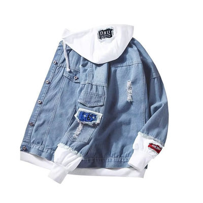 Mensen Denim Twee-Piece Street Varsity Windbreaker Outfits met Chenille Letter Patches