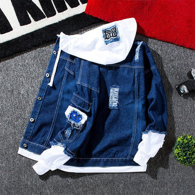 Mensen Denim Twee-Piece Street Varsity Windbreaker Outfits met Chenille Letter Patches